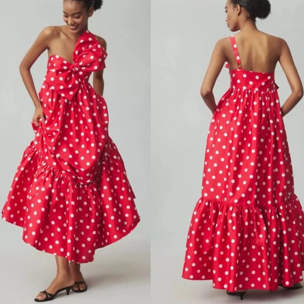 Anthropologie Red Polka Dot One-Shoulder Maxi Dress